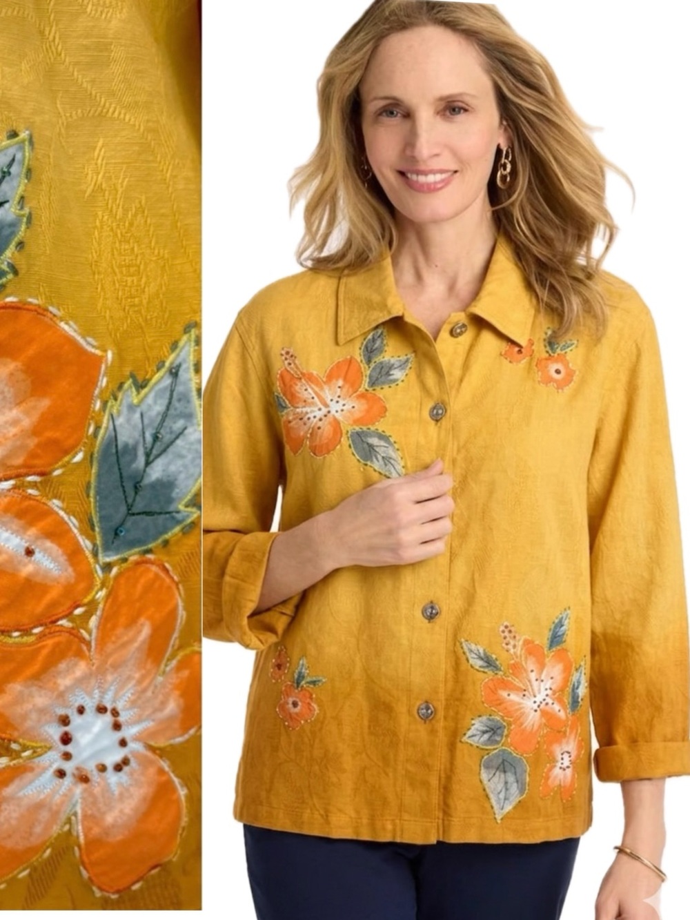 Units Beaded Embroidered Floral Applique Shirt Womens Size XL Cotton Linen Ombre